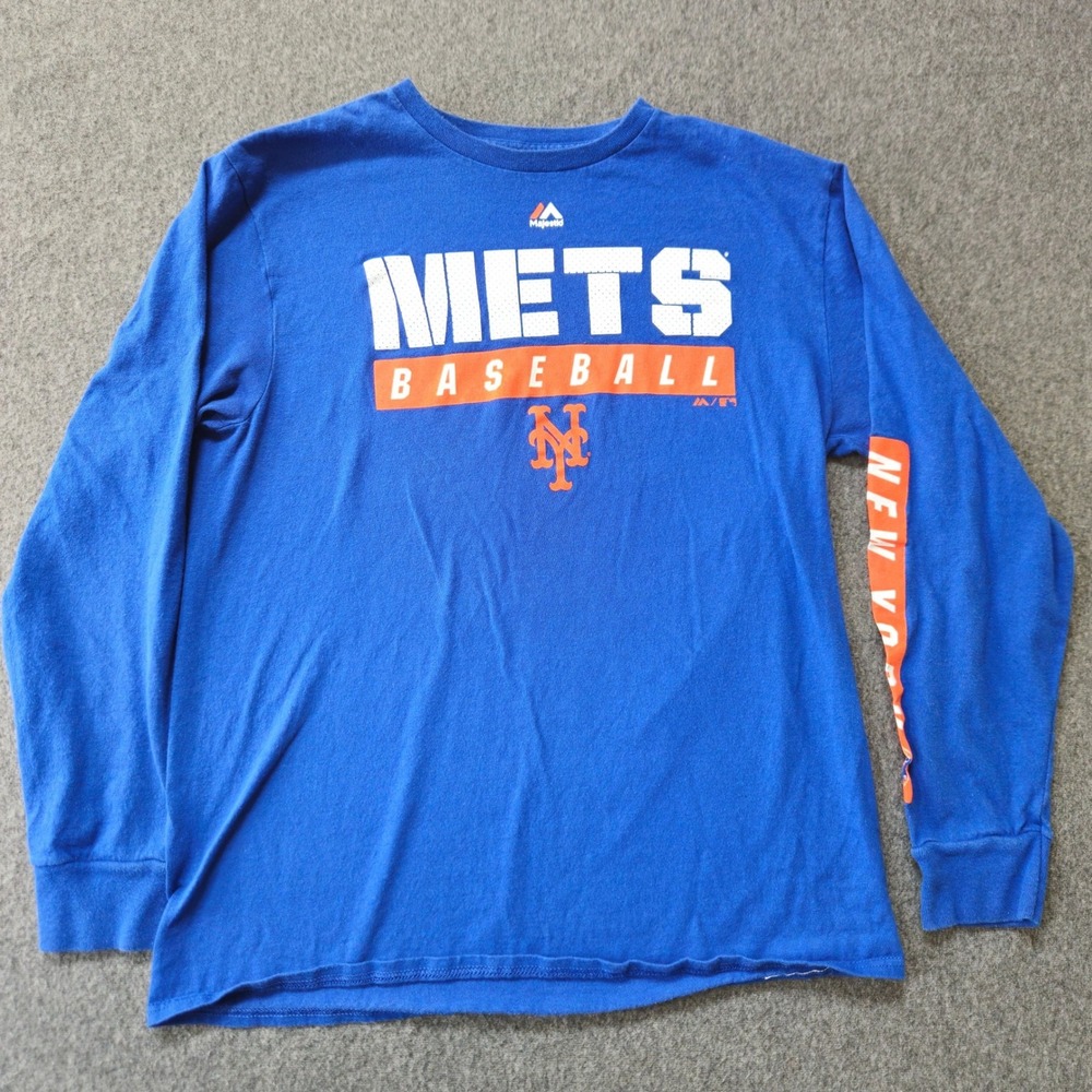 NY Mets Baseball Long Sleeve Shirt M Blue Majestic New York Fan MLB Streetwear
